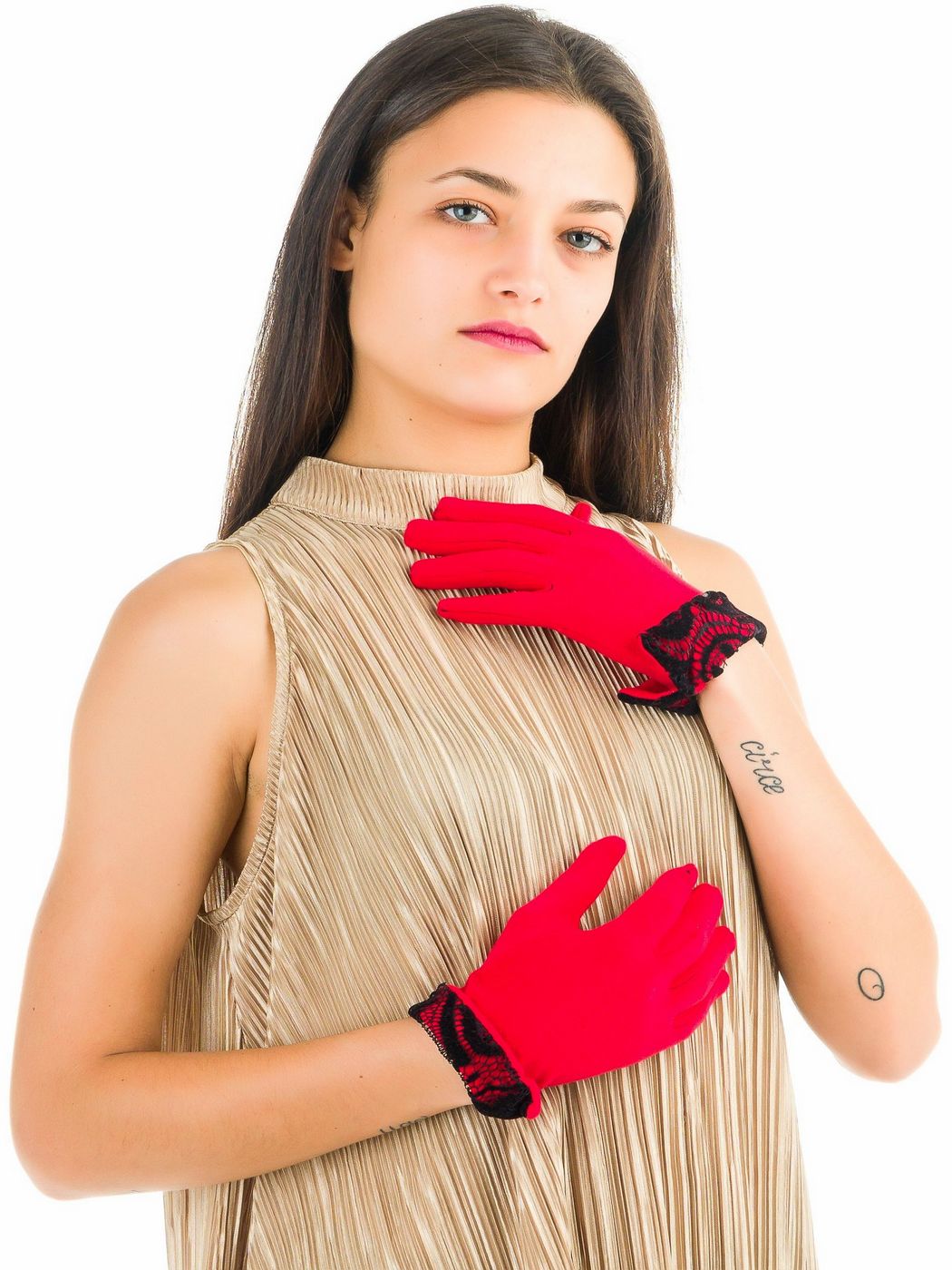 GUANTI CON RISVOLTO DI PIZZO 84% NYLON 16%EA MADE IN TALY