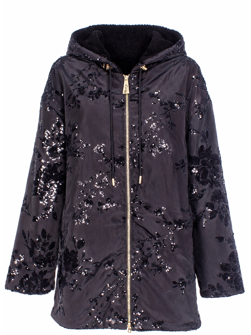 GIACCA MIDI PIUMINO CON PAILLETTES EMB.,4 TG,100% PL,MADE IN PRC    