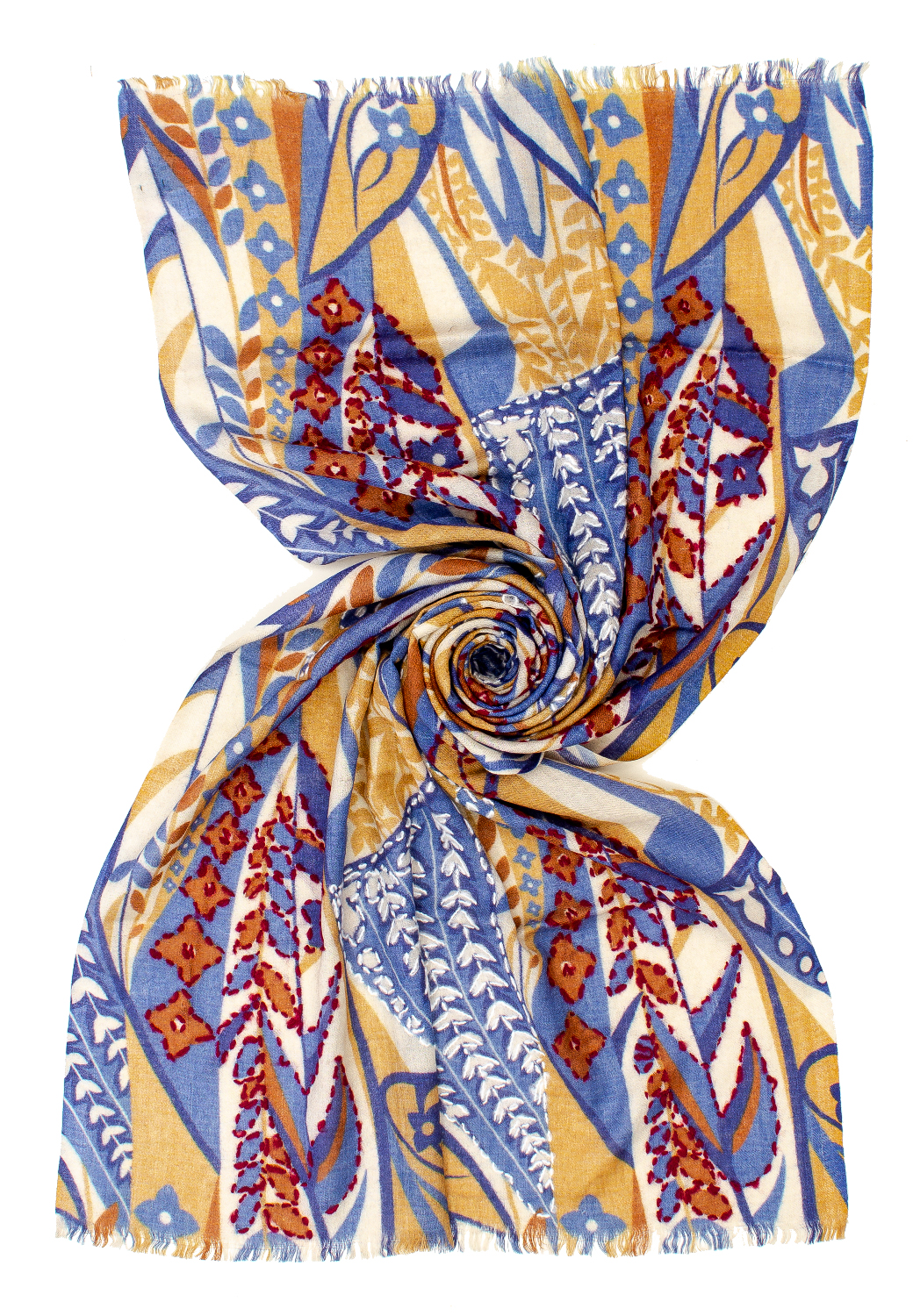 STOLA STAMPATA + EMBROIDERY BLU/CAMEL/BORDEAU  100% WO CM 70X180 M.IN INDIA     