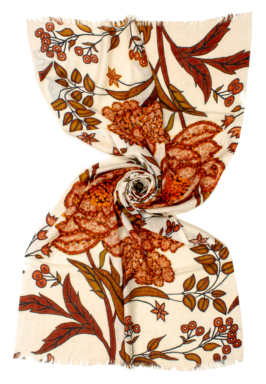 STOLA STAMPATA + EMBROIDERY BEIGE/BROWN  100% WO CM 70X180 M.IN INDIA   
