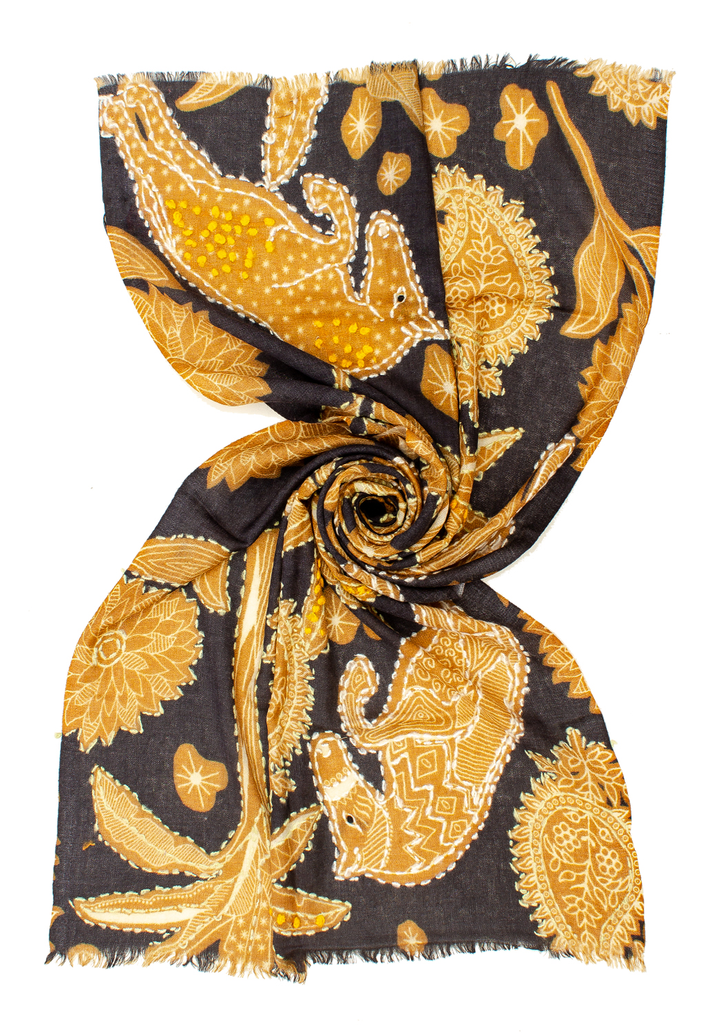 STOLA STAMPATA + EMBROIDERY BLACK/CAMEL  100% WO CM 70X180 M.IN INDIA  
