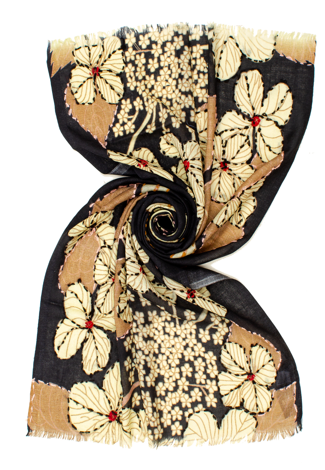 STOLA STAMPATA + EMBROIDERY BLACK/BEIGE/PINK  100% WO CM 70X180 M.IN INDIA      