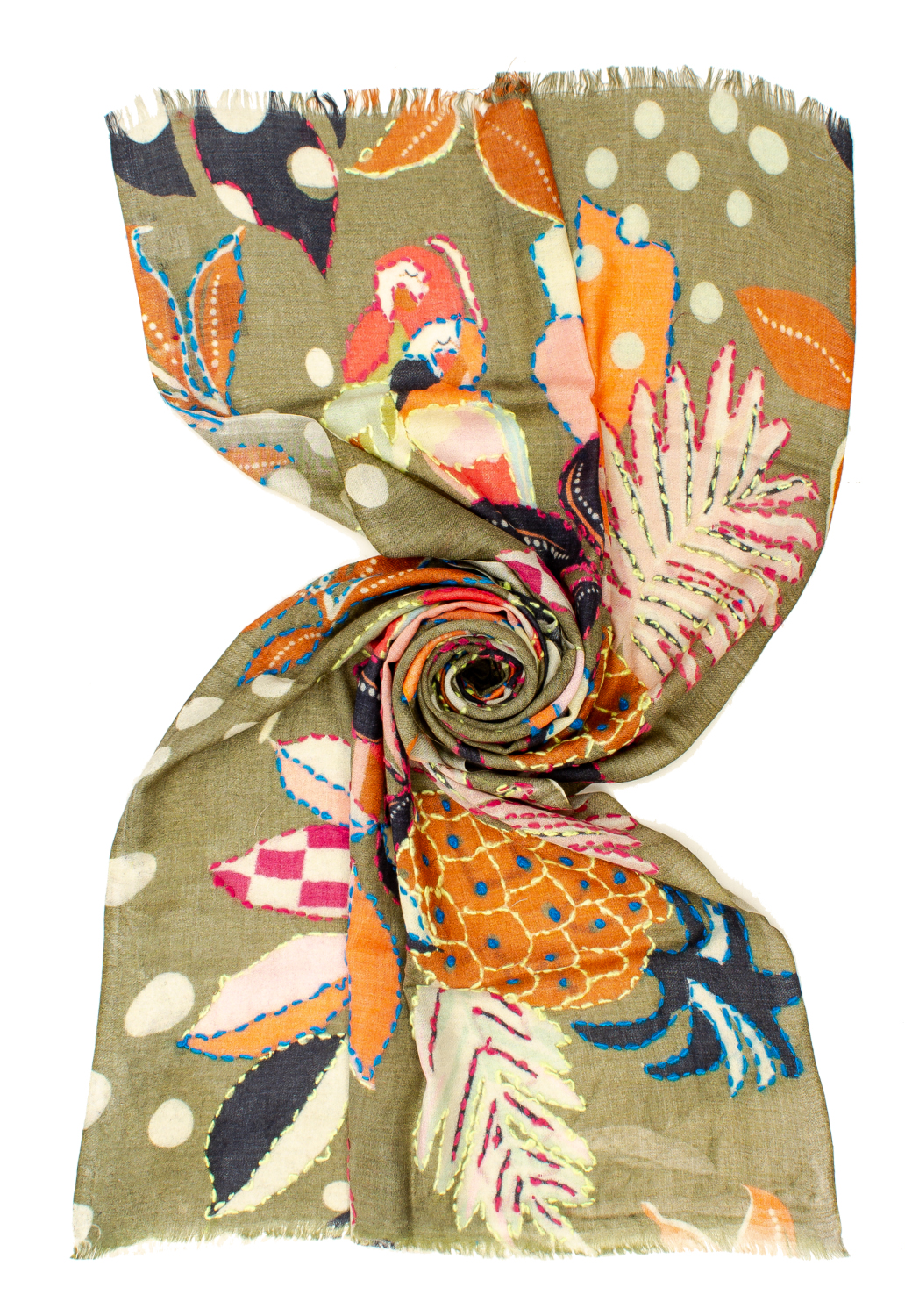 STOLA STAMPATA + EMBROIDERY GREEN/BLACK  100% WO CM 70X180 M.IN INDIA           