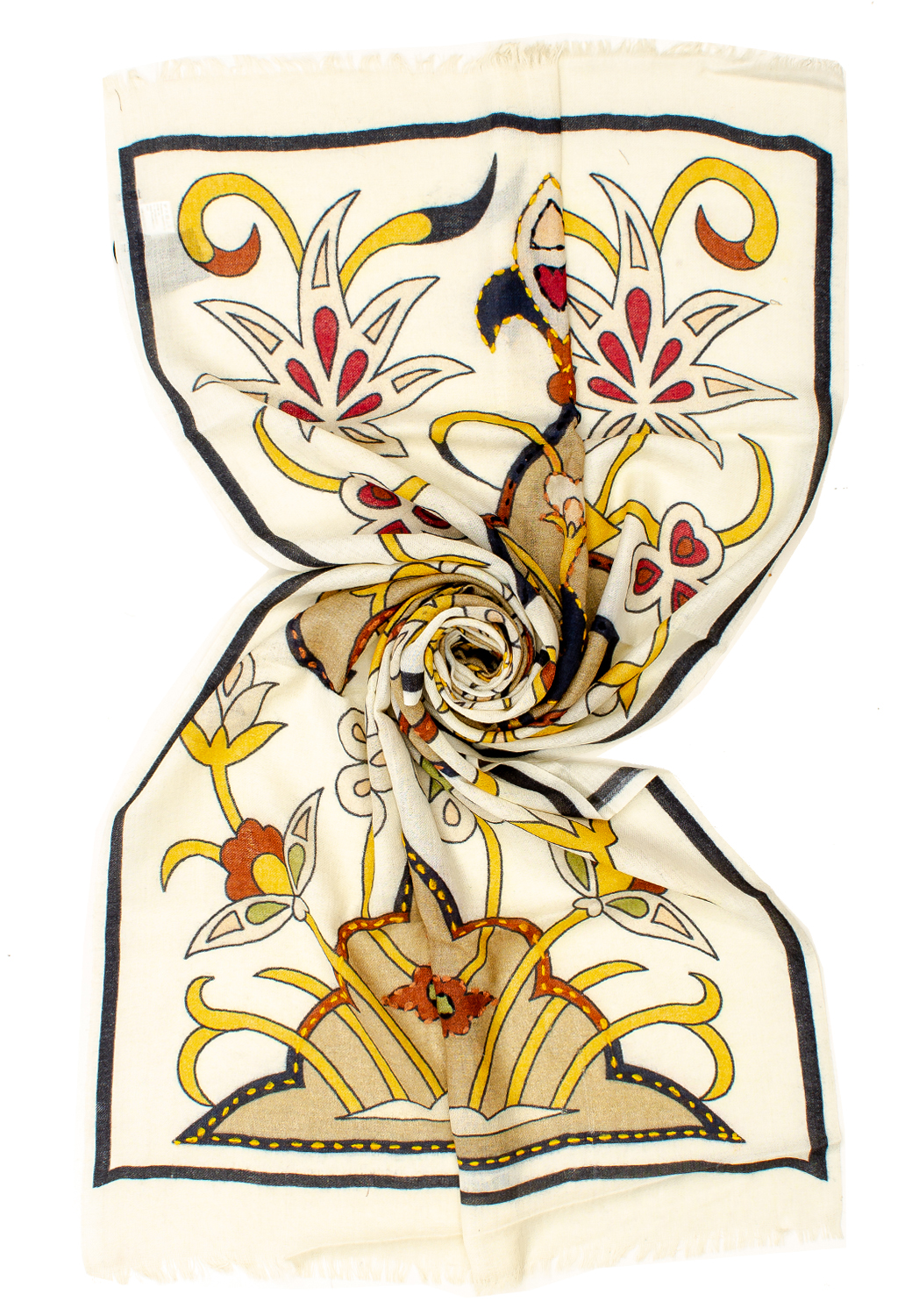 STOLA STAMPATA + EMBROIDERY ECRU/BEIGE/YELLOW  100% WO CM 70X180 M.IN INDIA     