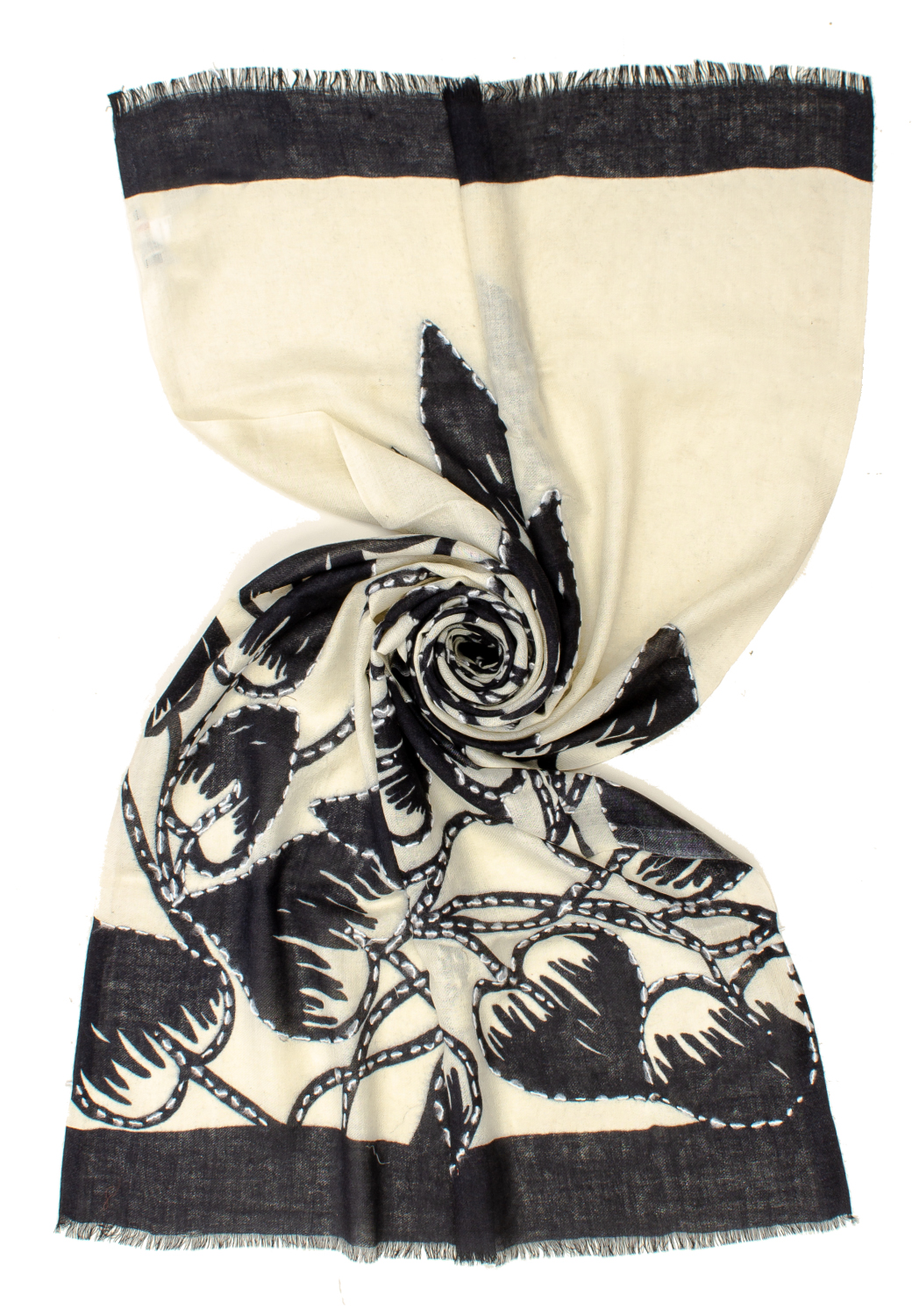 STOLA STAMPATA + EMBROIDERY BLACK/WHITE 100% WO CM 70X180 M.IN INDIA          