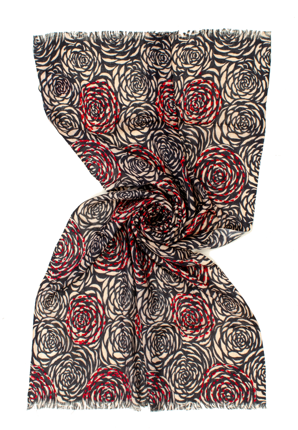 STOLA STAMPATA + EMBROIDERY BLACK/BEIGE/RED 100% WO CM 70X180 M.IN INDIA  