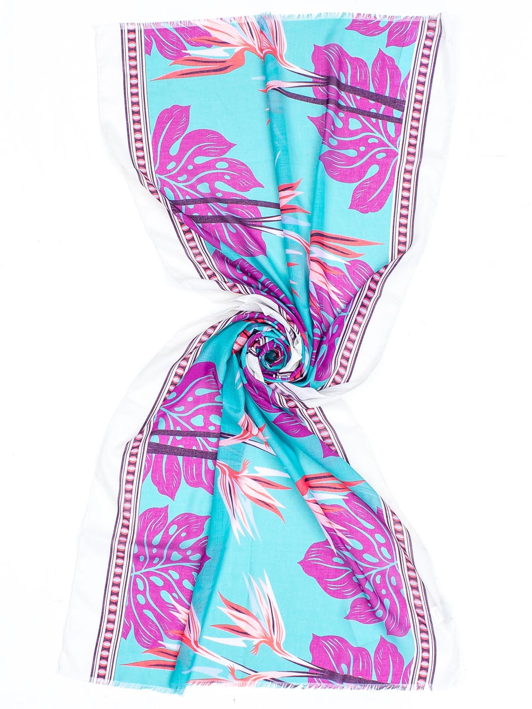 STOLA TROPICAL DESIGN CON BANDE LATERALI ,70X180,100%PL,MADE IN INDIA - TIFFANY/CORAL