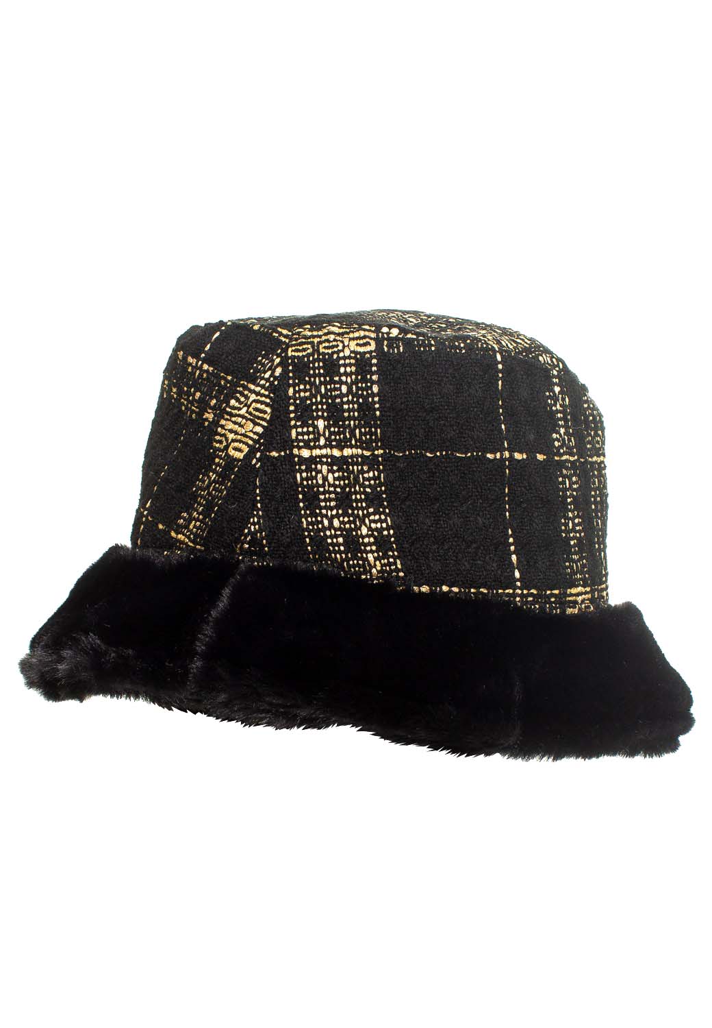 CAPPELLO CLOCHE TESSUTO JACQUARD BLACK AND GOLD ,100%POLY, MADE IN ITALY