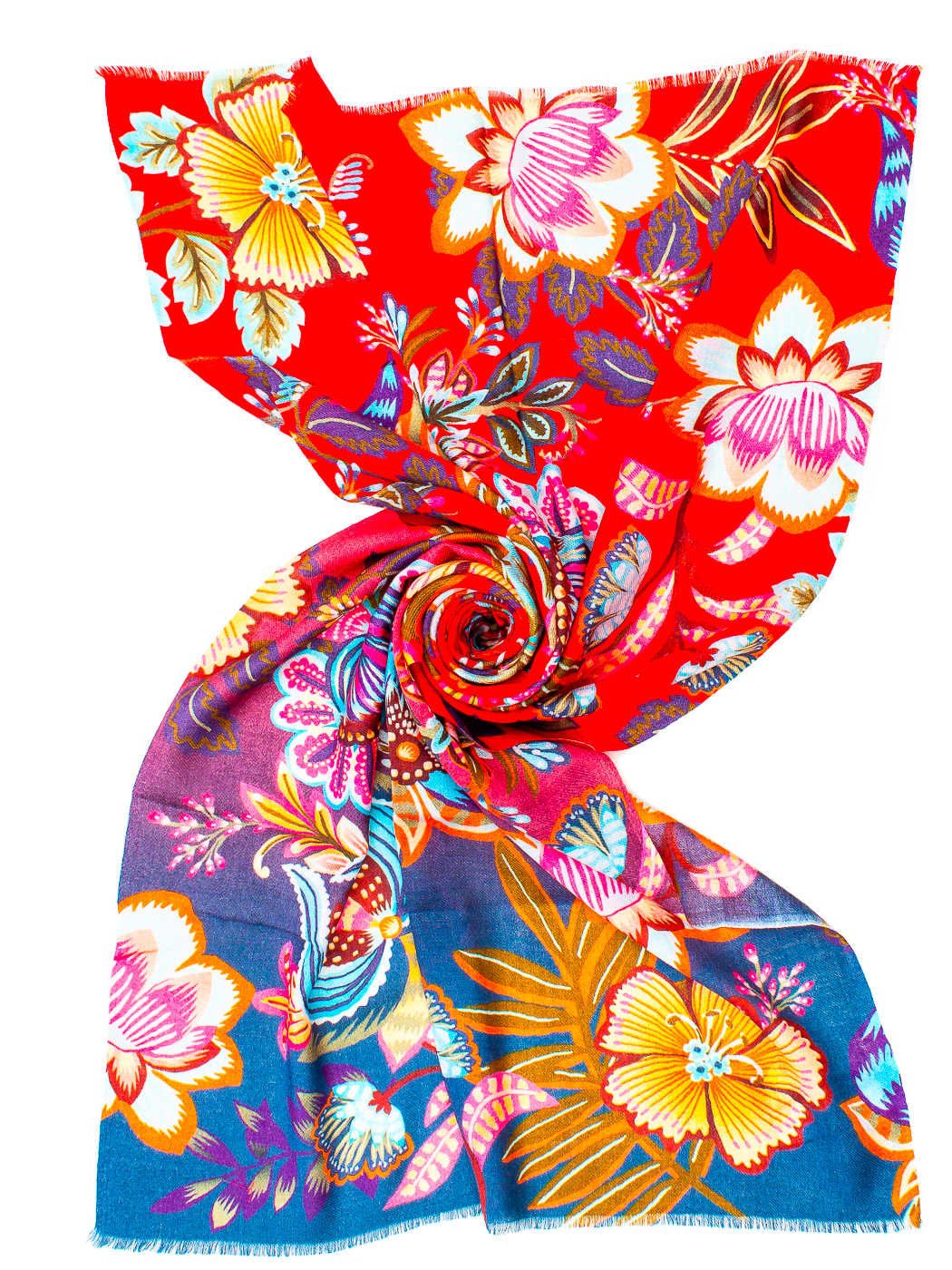 STOLA STAMPA RED GROUND FLOWER CM 70X180, 92%WOOL 8% SILK MADE IN INDIA  