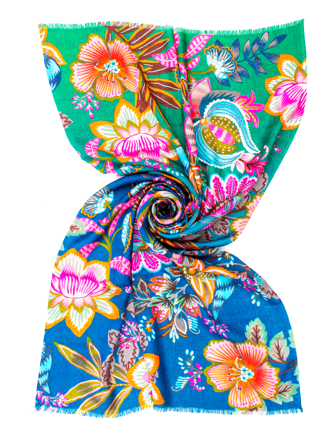 STOLA STAMPA PETROL GROUND FLOWER CM 70X180, 92%WOOL 8% SILK MADE IN INDIA