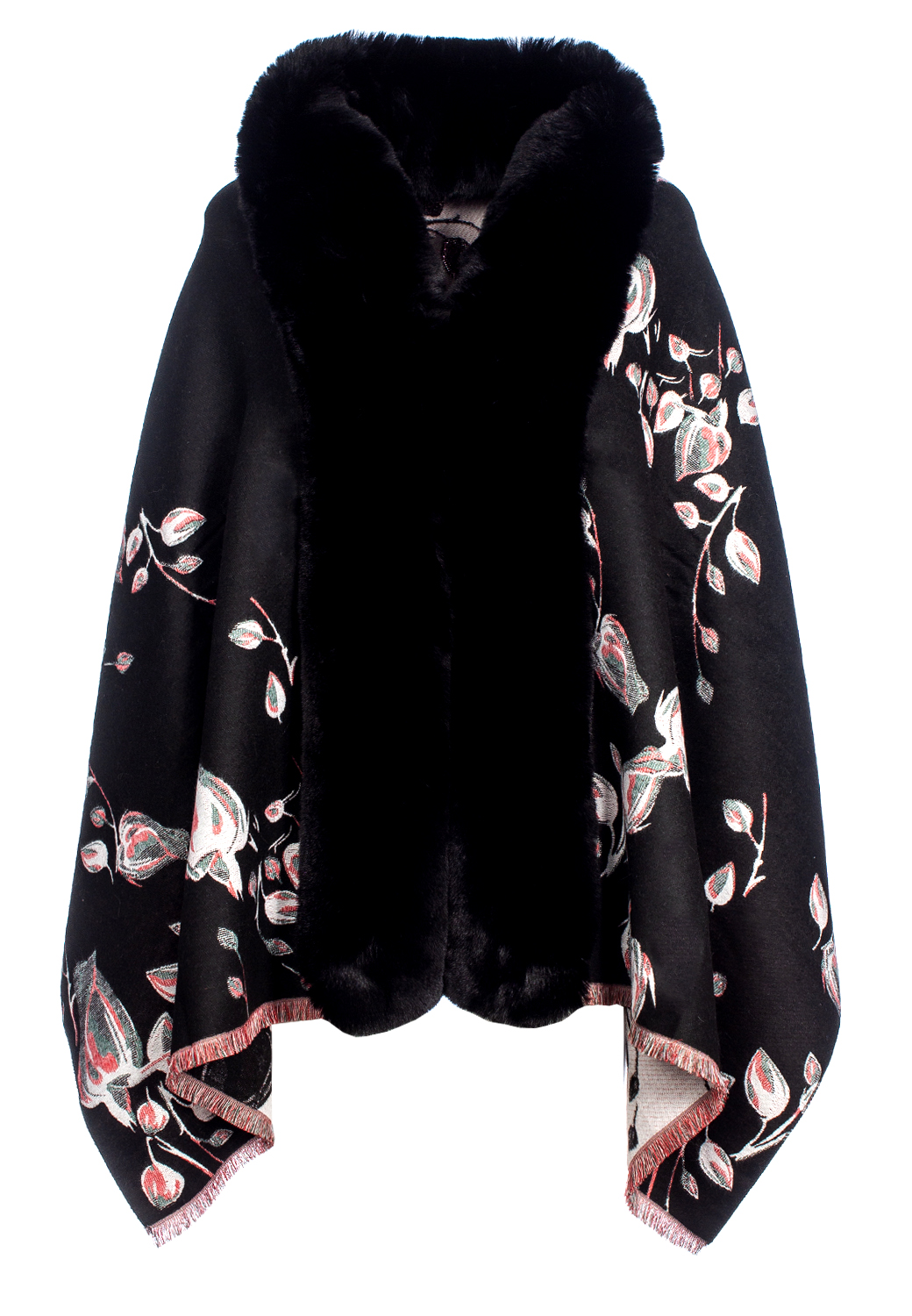 MANTELLA JACQUARD DIS FIORI PIAZZATI BORDO PELLICCIA SINTETICA 100%VI M. IN PRC 