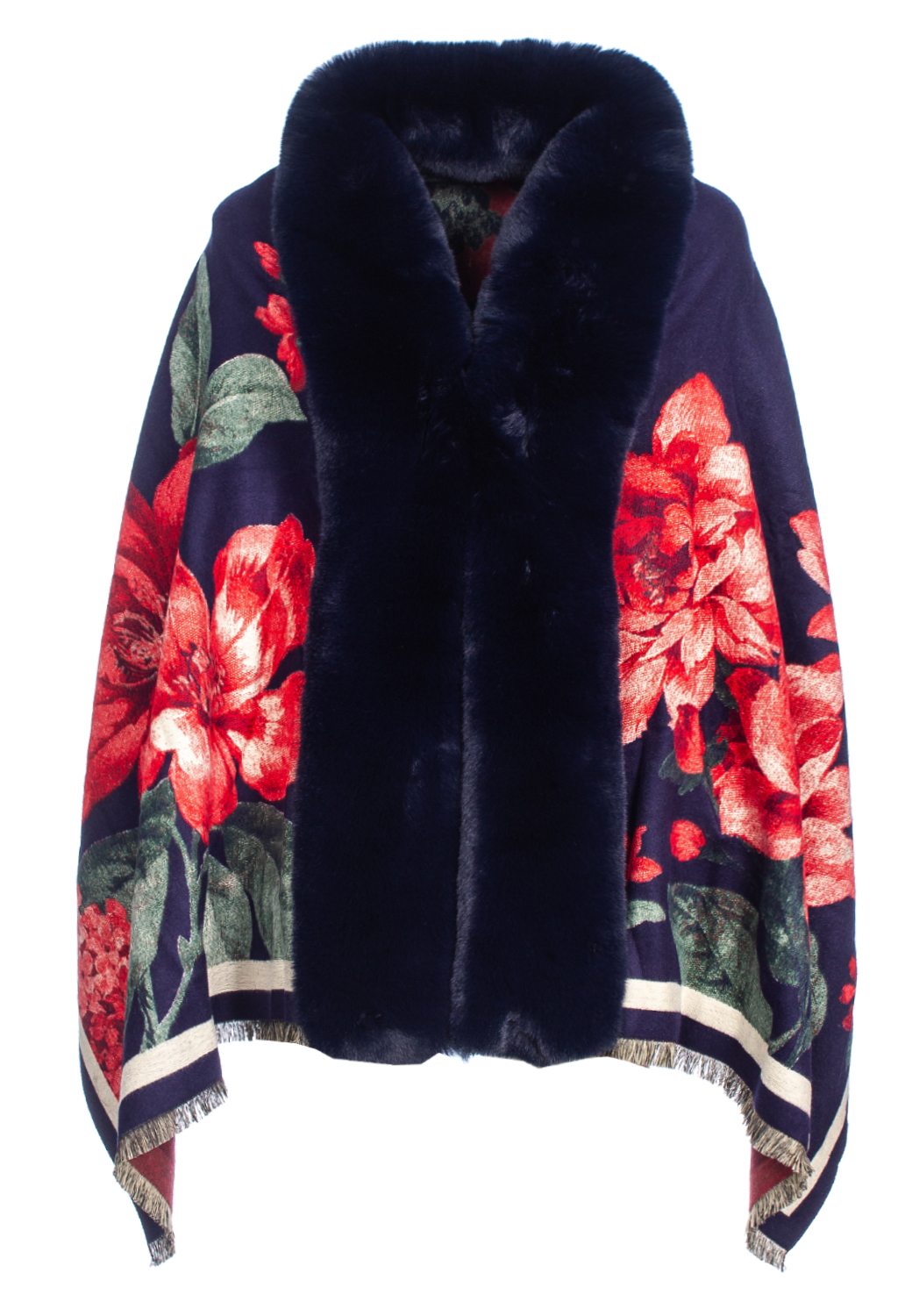 MANTELLA JACQUARD DIS. FIORI GROUND BLUE, BORDO PELLICCIA SINT.100% VI MADE PRC 