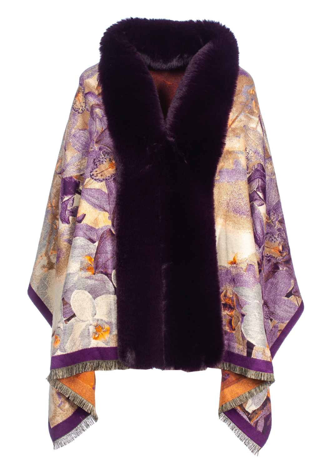 MANTELLA JACQUARD DIS. FIORI GROUND BEIGE, BORDO PELLICCIA SINT.100% VI MADE PRC