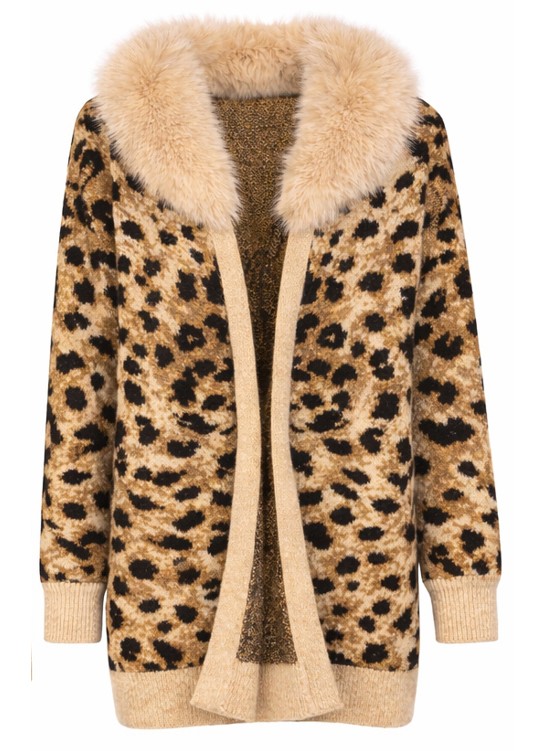 CARDIGAN JACQUARD ANIMALIER CON COLLO PELLICCIA, 3 TG, 5%WO 93% PL 2%EL,M.PRC   