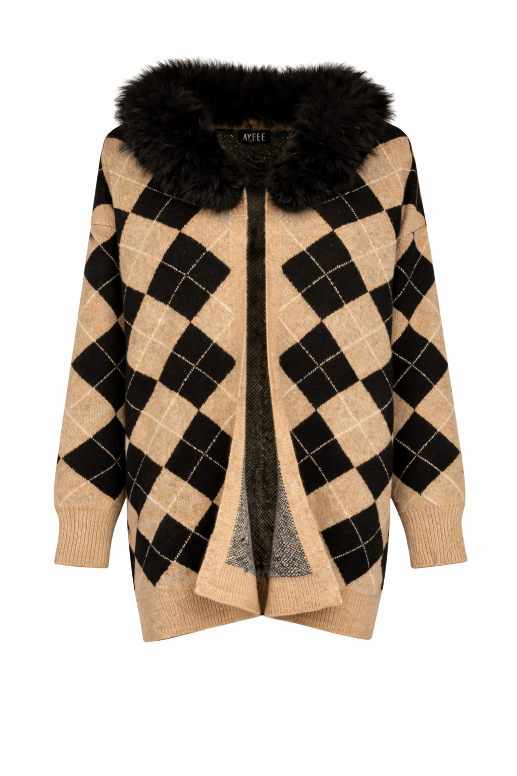 CARDIGAN JACQUARD CHECK COLLO PELLICCIA,3 TG,72%PC 22%PL 4%EA, MADE IN PRC      