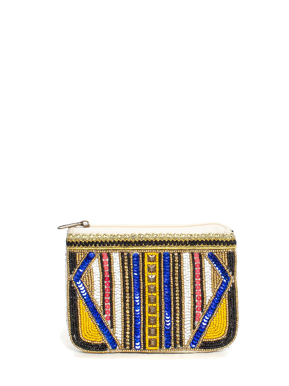 COINBAG FULL EMBROIDERY+TASSELS 60%CO 40% PERLINE MADE IN INDIA - GOLD/BLUE