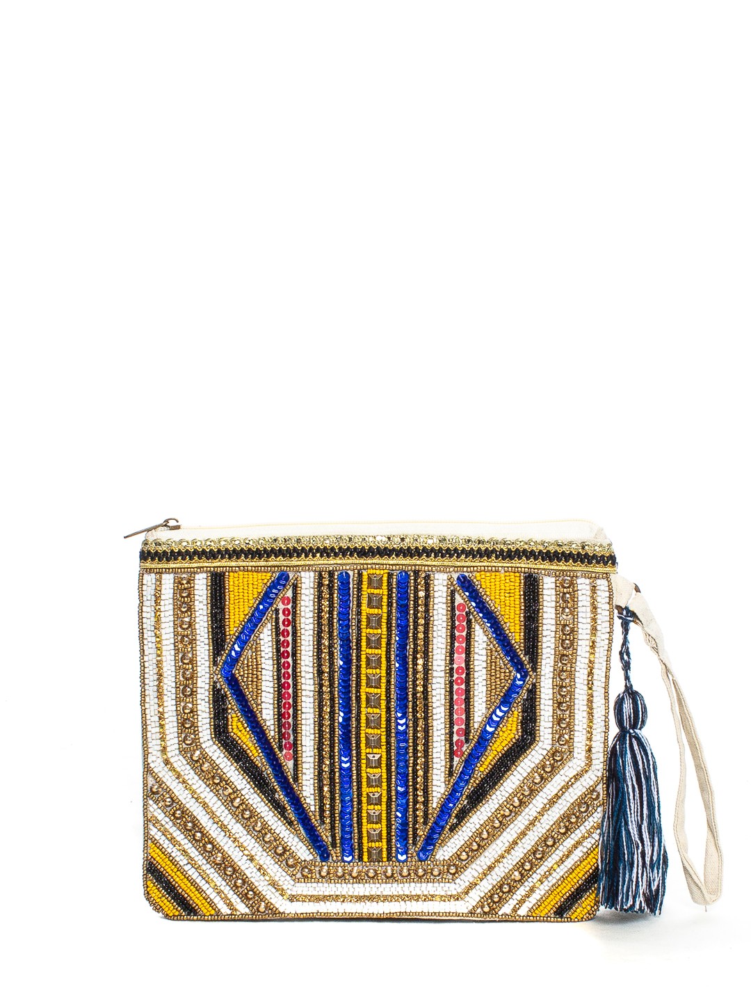 POCHETTE FULL EMBROIDERY+TASSELS 60%CO 40% PERLINE MADE IN INDIA - GOLD/BLUE