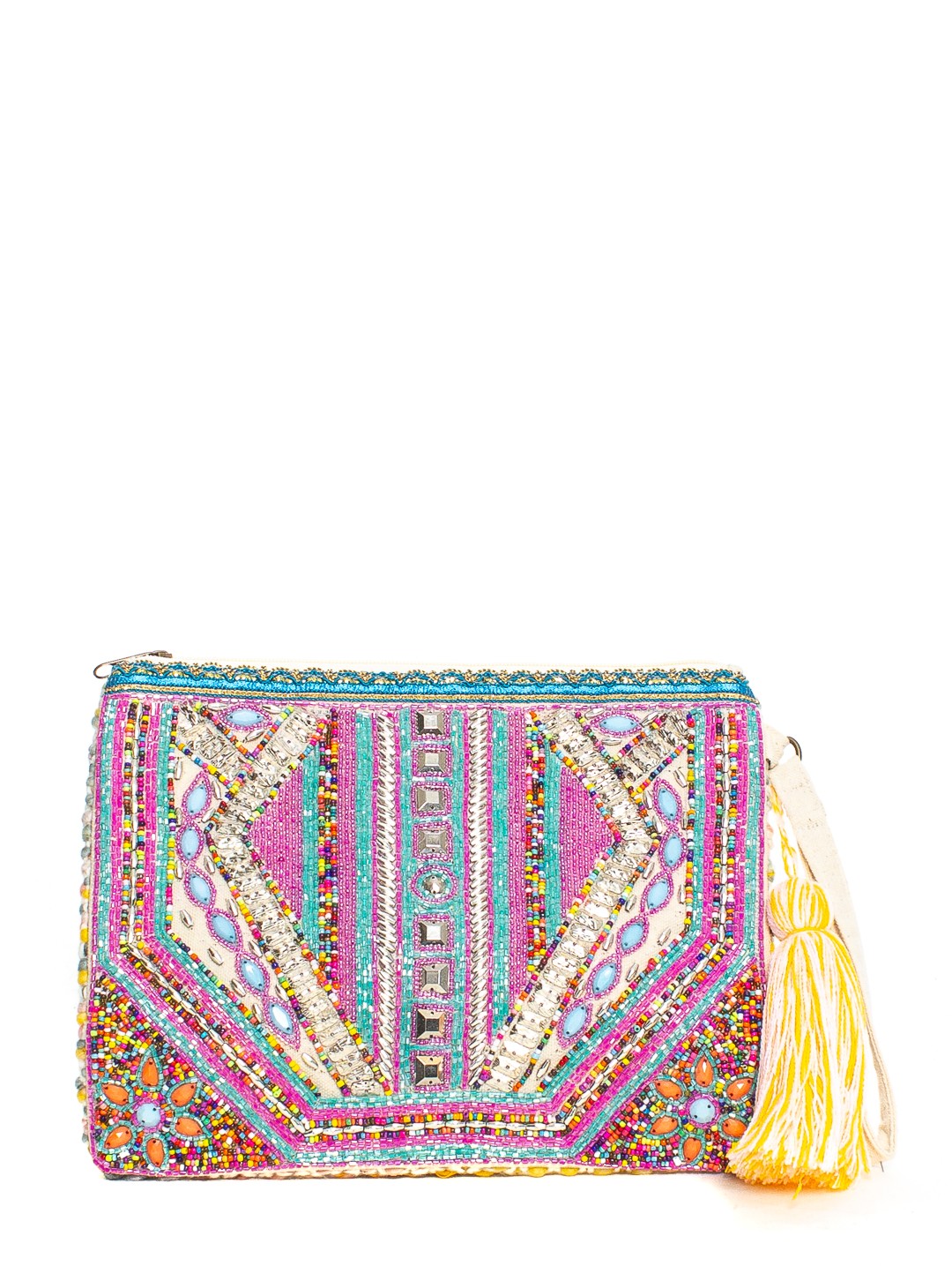 POCHETTE FULL EMBROIDERY+TASSELS 60%CO 40% PERLINE MADE IN INDIA