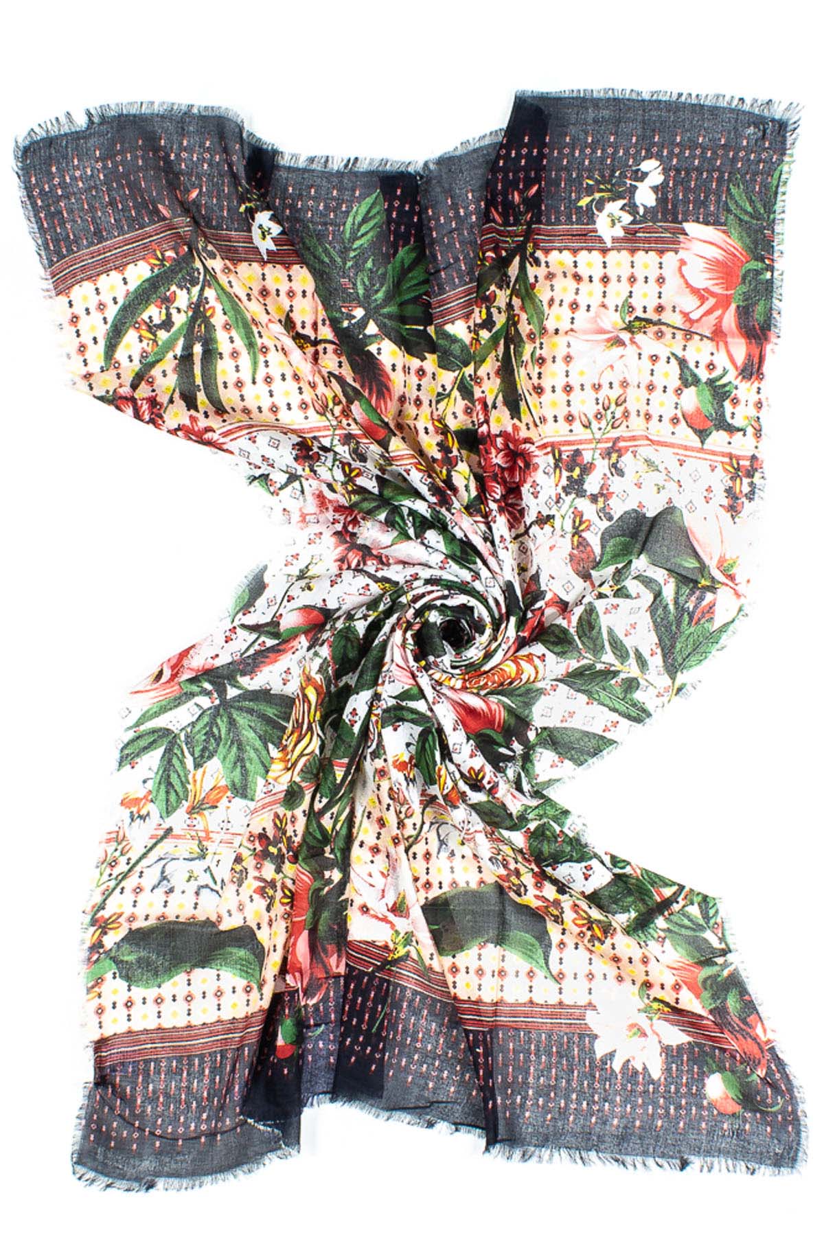 STOLA MODAL STAMPA FIORE + MICROPATTERN, 100%MODAL, MADE IN INDIA - NERO/ROSA ANTICO