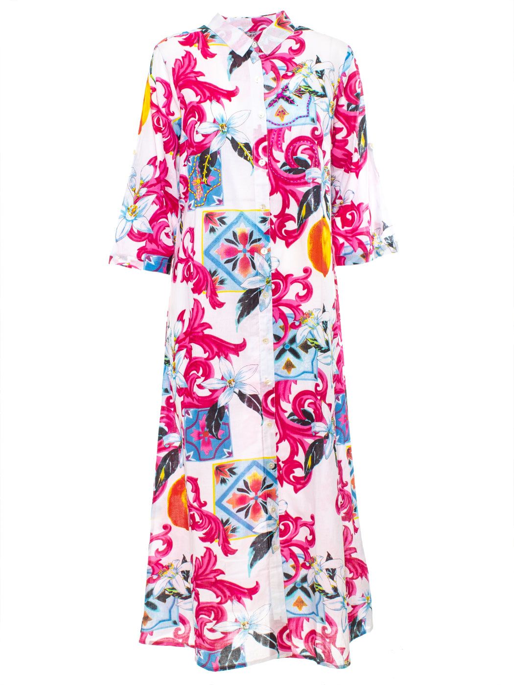 KAFTANO COLLO CAMICIA DAMASCO AND FLOWER PRINT 4 TG, 100% COTTON, MADE IN INDIA